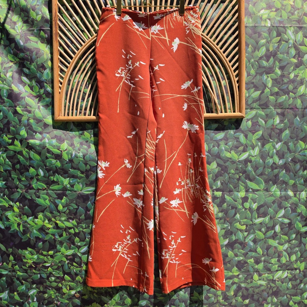 Urban Outfitters Rust Orange Floral Flare Pants Wide Leg Boho Retro Womens Small